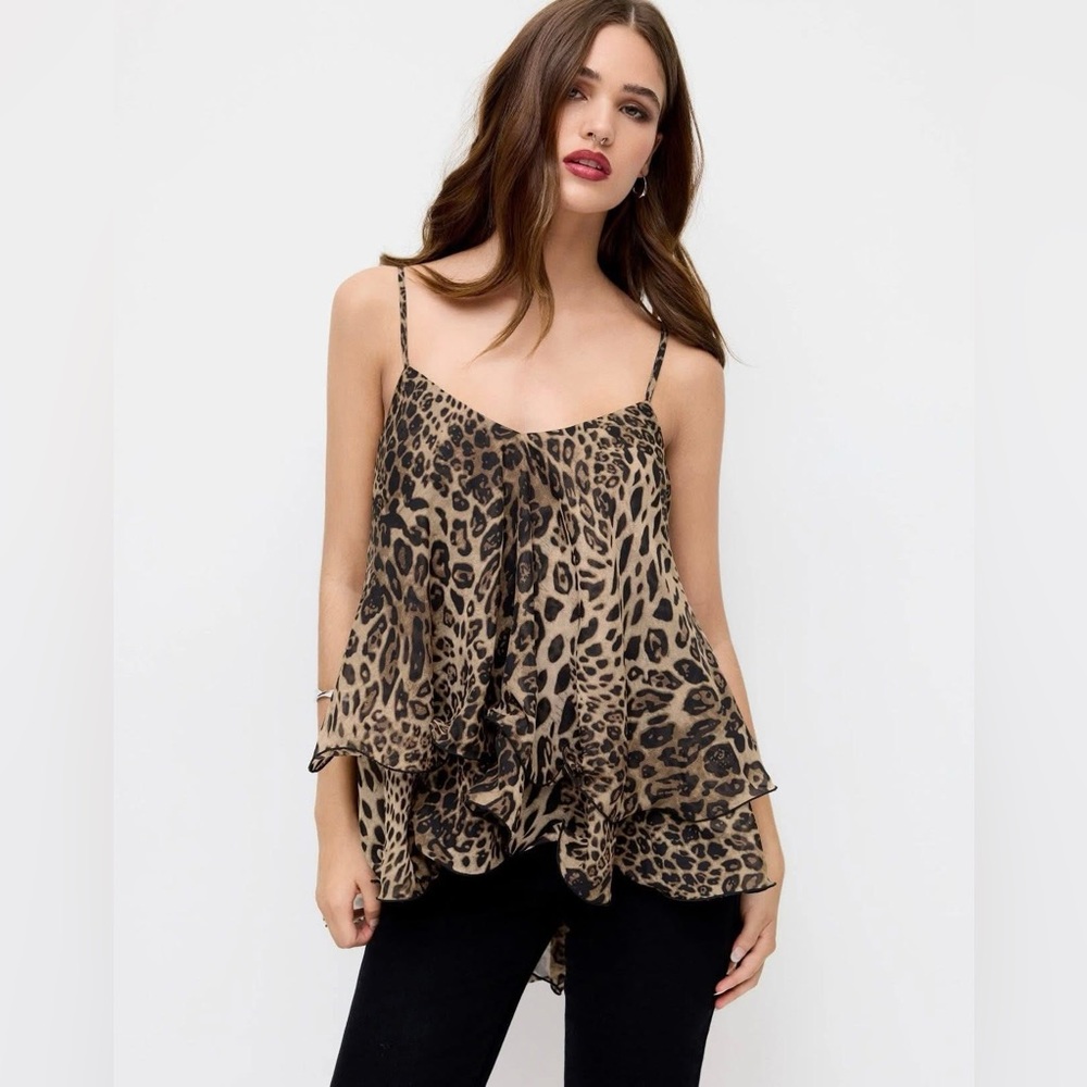 CIDER CHIFFON LEOPARD PRINT V-NECK RUFFLE HEM KNOTTED LAYERED CAMI TOP - xl
